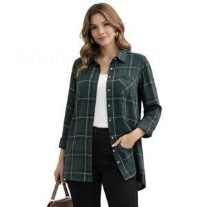 NEW Maurices Plaid Button Up Shirt Button Back Dark Green Silver 2